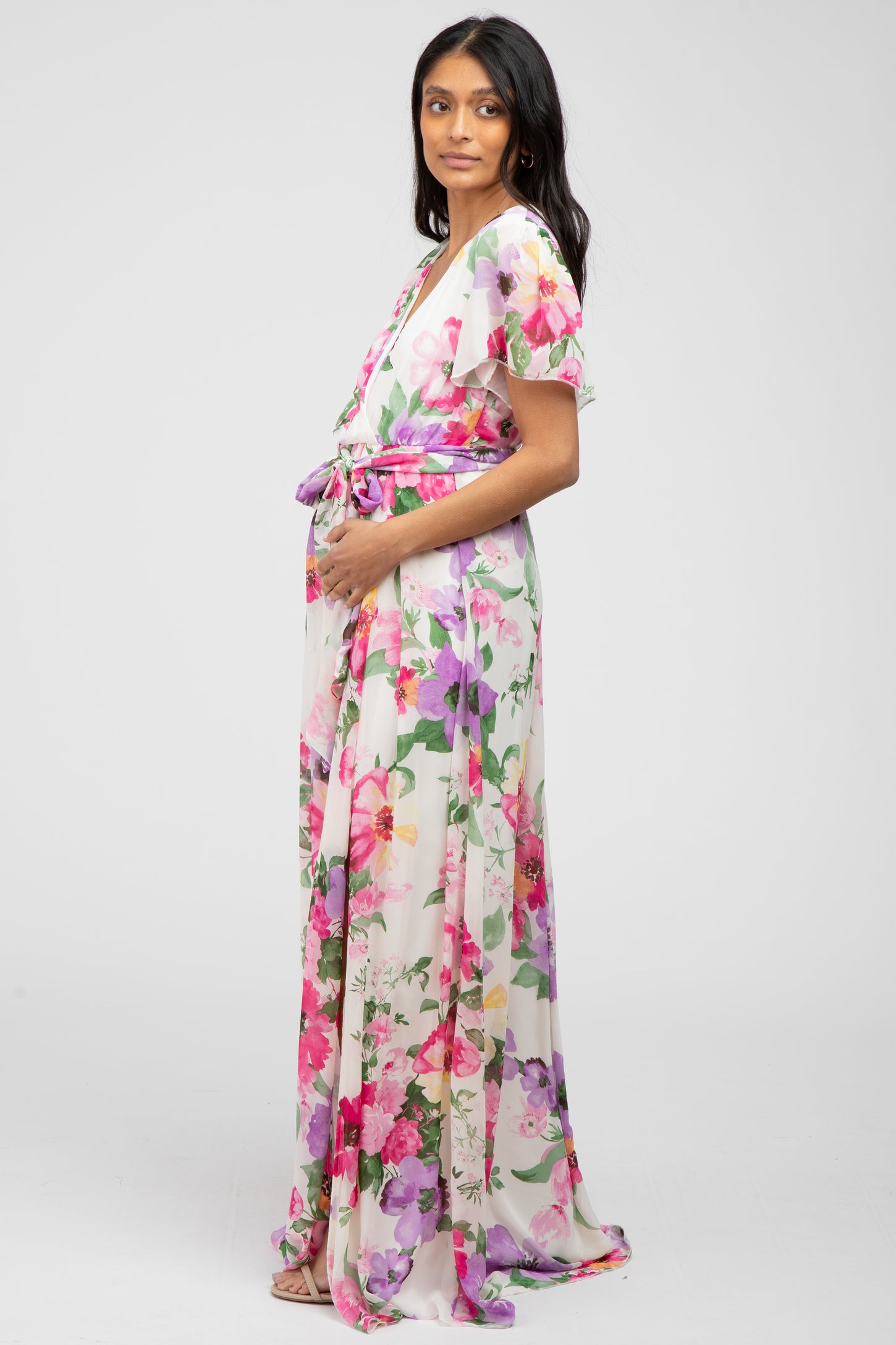 Pink Floral Chiffon Short Sleeve Side Slit Maternity Maxi Dress