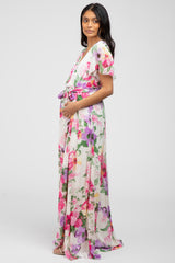 Pink Floral Chiffon Short Sleeve Side Slit Maternity Maxi Dress