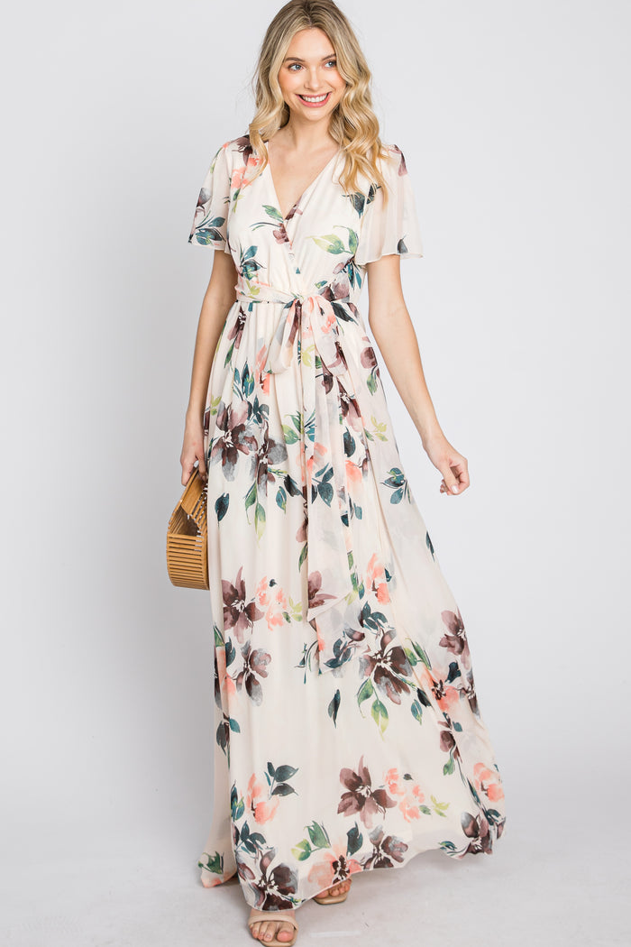 Cream Floral Chiffon Wrap Front Short Sleeve Maternity Maxi Dress