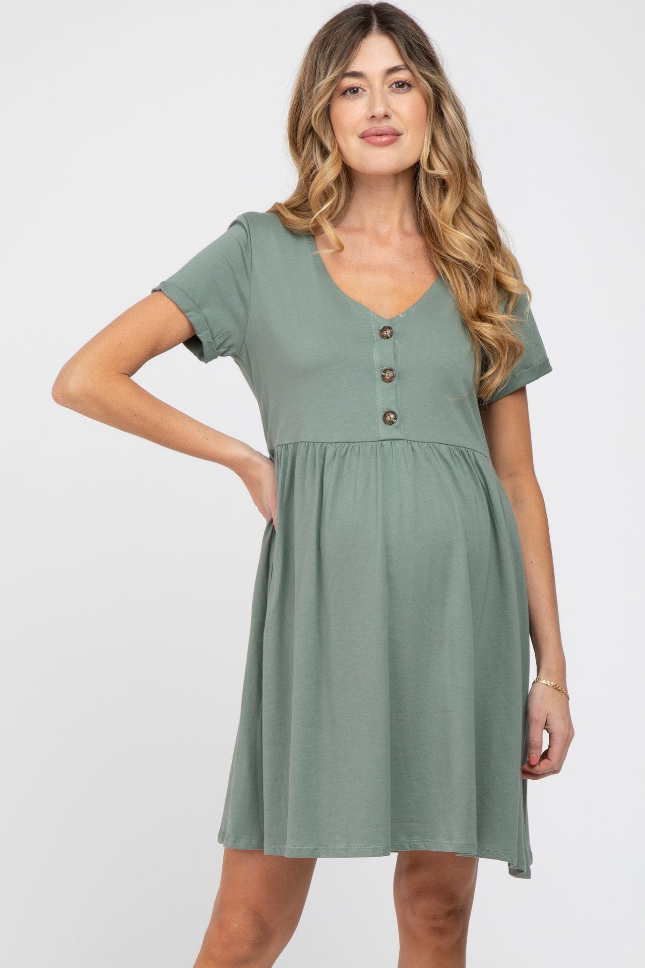 Olive Button Front Basic Maternity Dress
