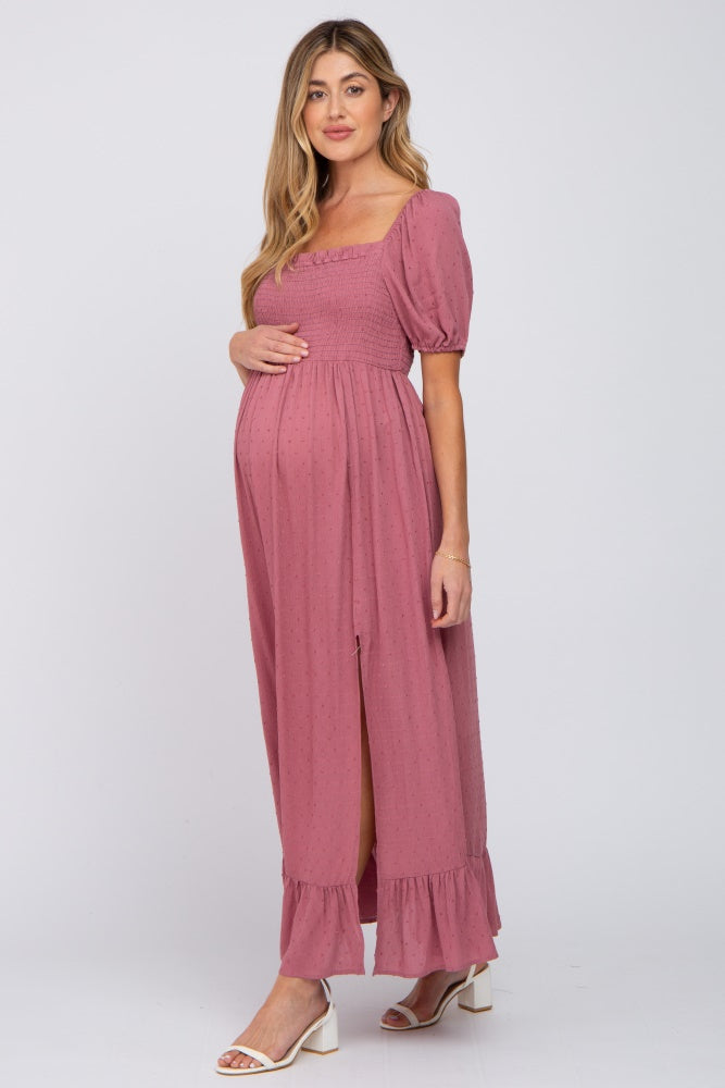 Mauve Swiss Dot Square Neck Smocked Maternity Maxi Dress