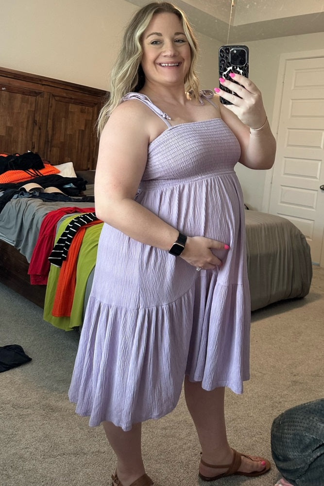 Lavender Smocked Shoulder Tie Maternity Dress