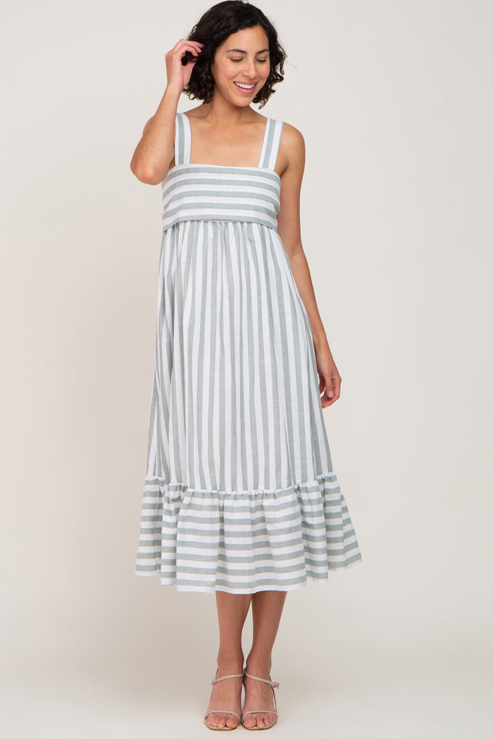 Sage Striped Sleeveless Ruffle Hem Maternity Maxi Dress