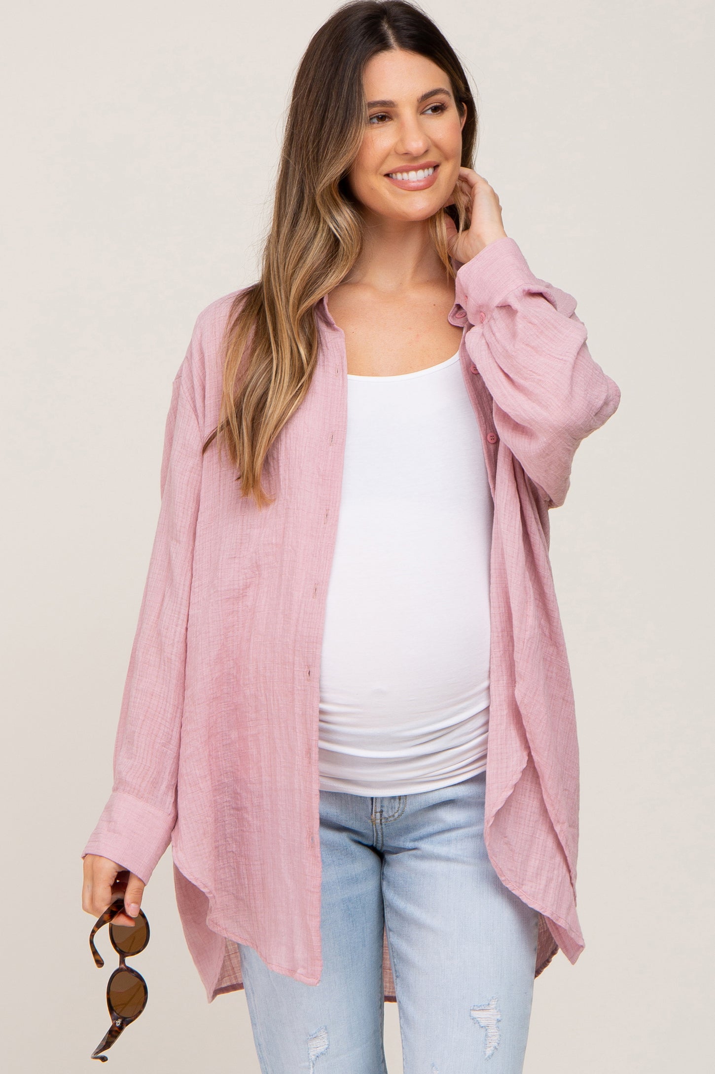 Pink Lightweight Sheer Button Down Blouse