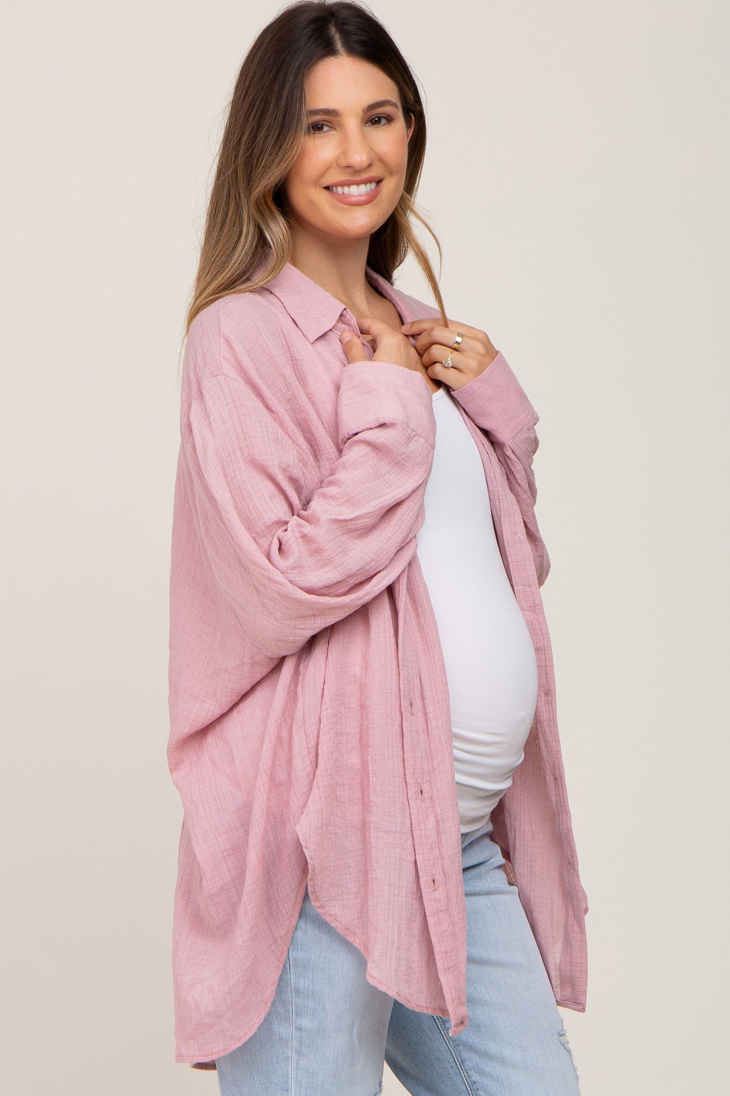 Pink Lightweight Sheer Button Down Blouse