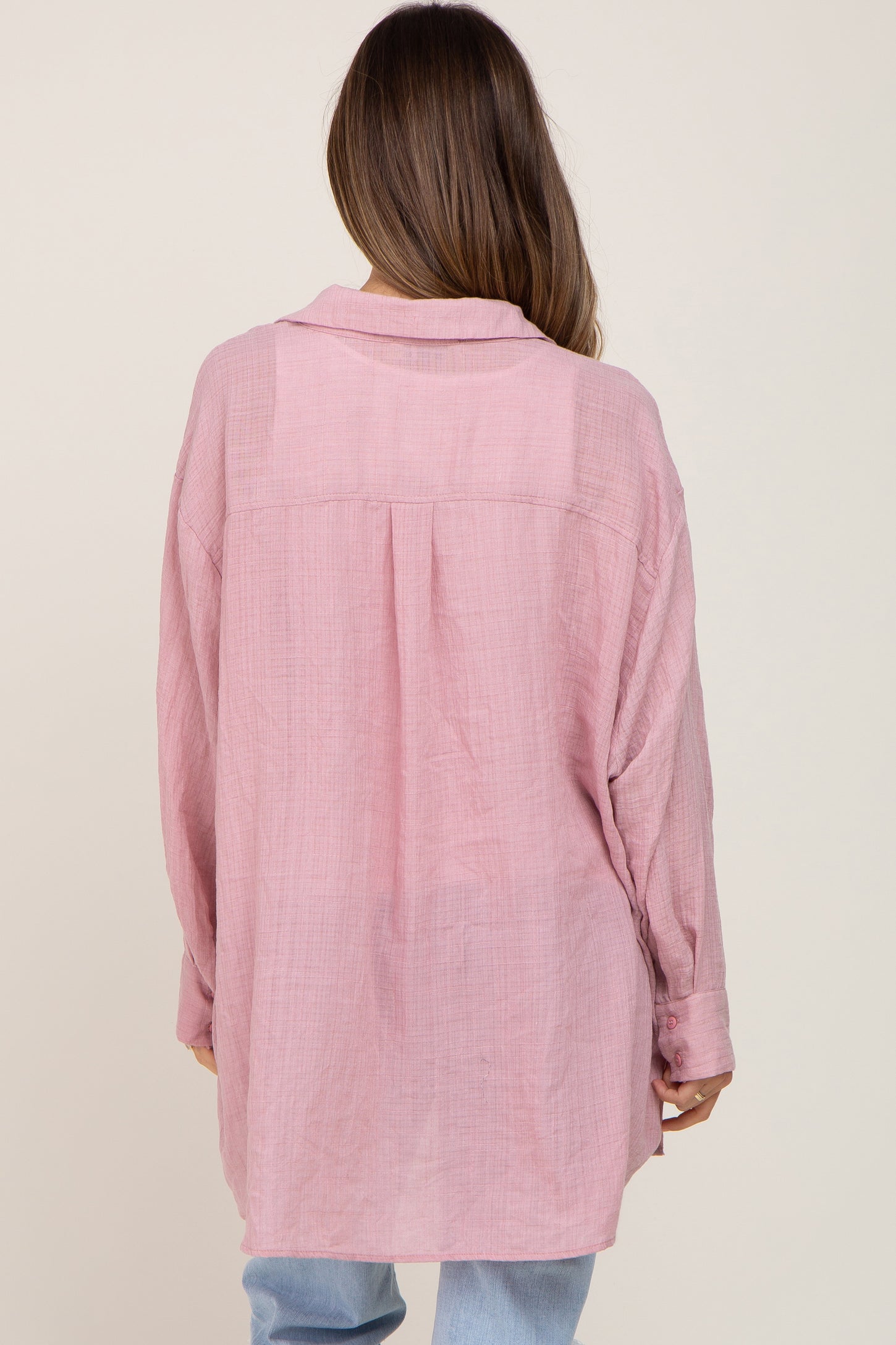 Pink Lightweight Sheer Button Down Blouse