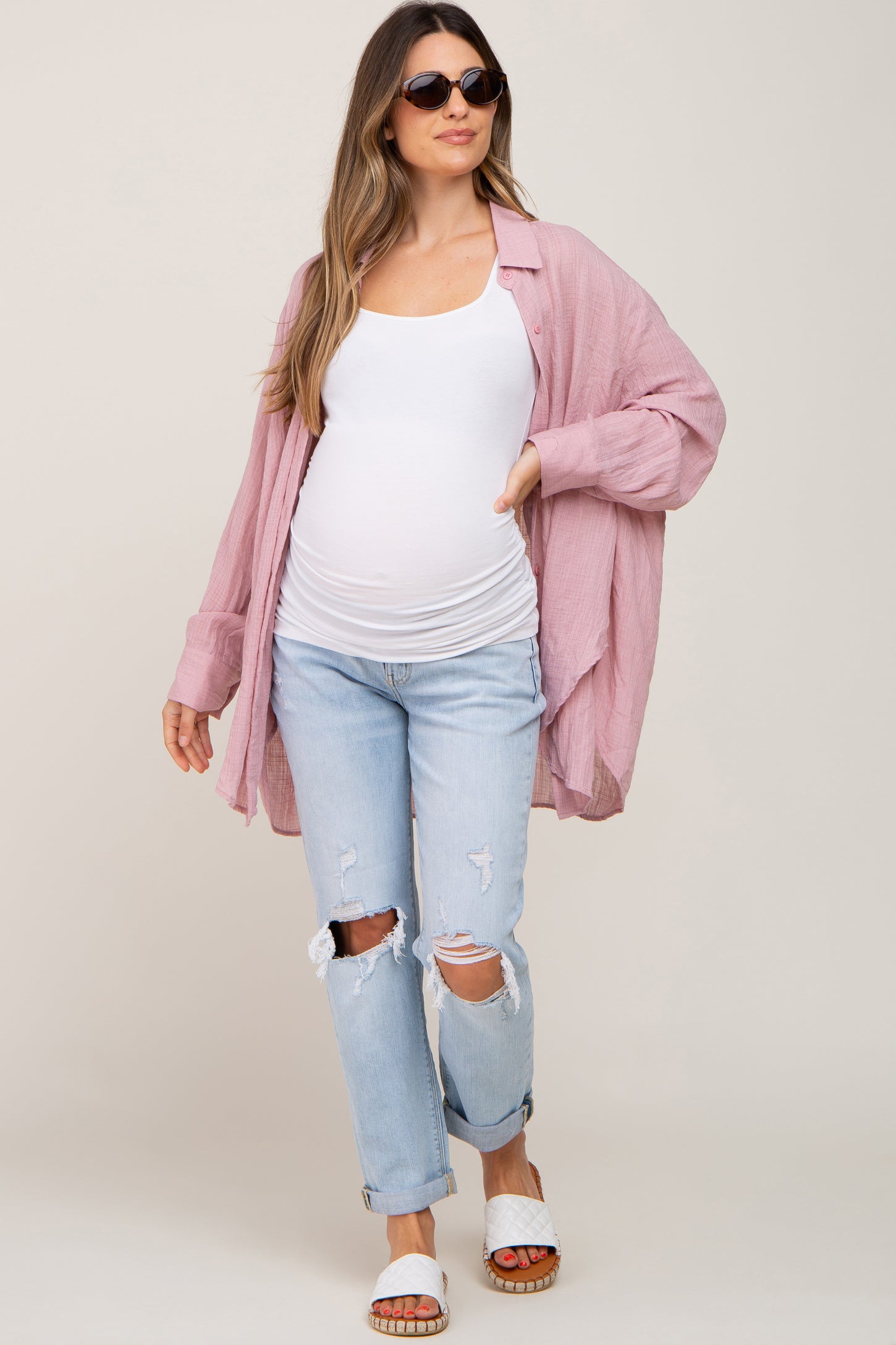 Pink Lightweight Sheer Button Down Blouse