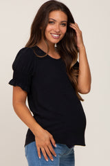 Black Smocked Puff Sleeve Maternity Blouse
