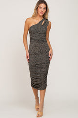 Forest Green Floral One Shoulder Ruched Midi Dress