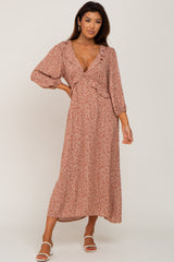 Rust Floral Ruffle V-Neck Maternity Midi Dress