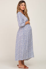 Blue Floral Ruffle V-Neck Maternity Midi Dress