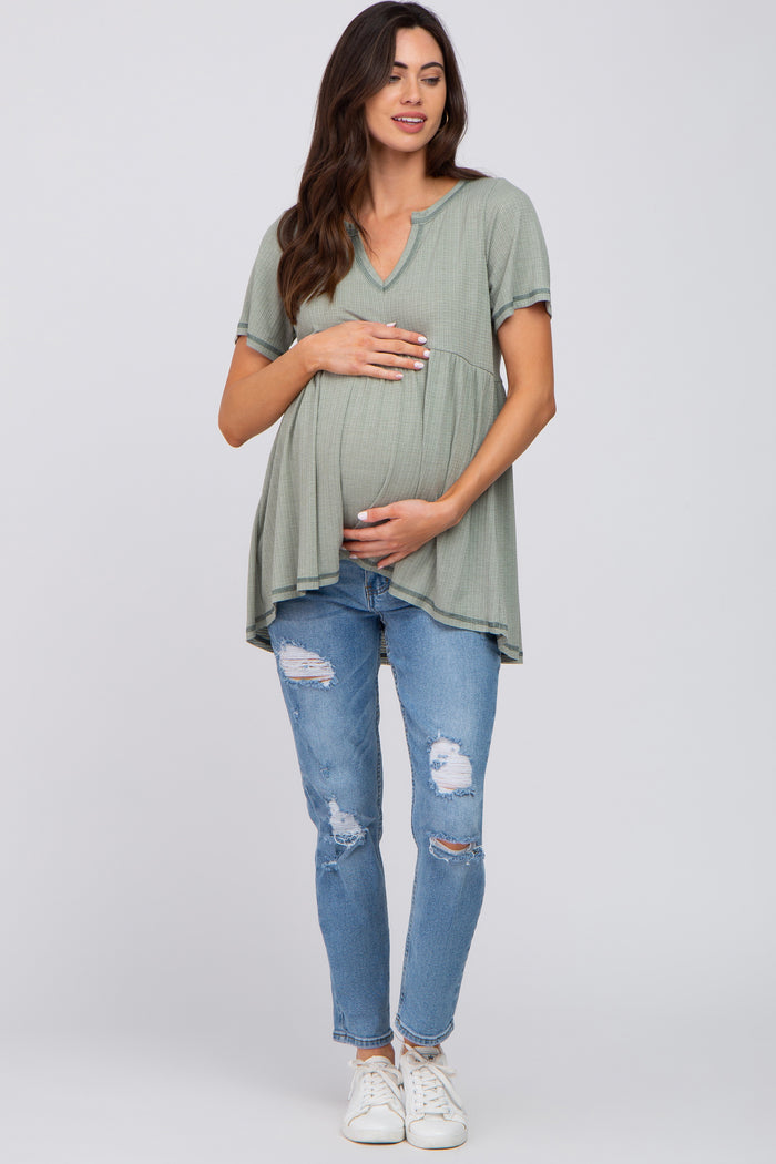 Light Olive V Neck Maternity Top