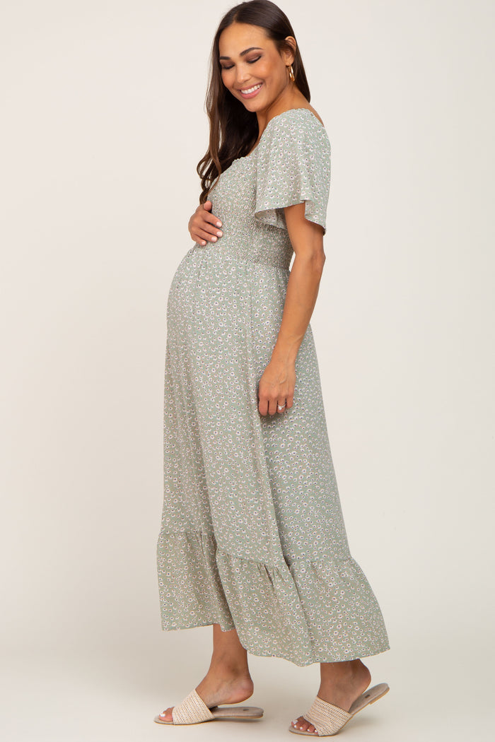 Light Olive Floral Smocked Maternity Midi Dress