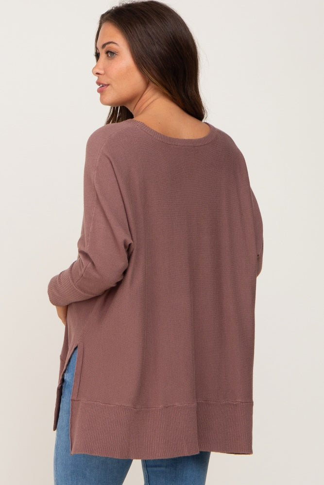 Mocha Dolman Sleeve Side Slit Maternity Sweater