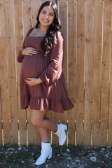 Brown Square Neck Puff Long Sleeve Maternity Dress