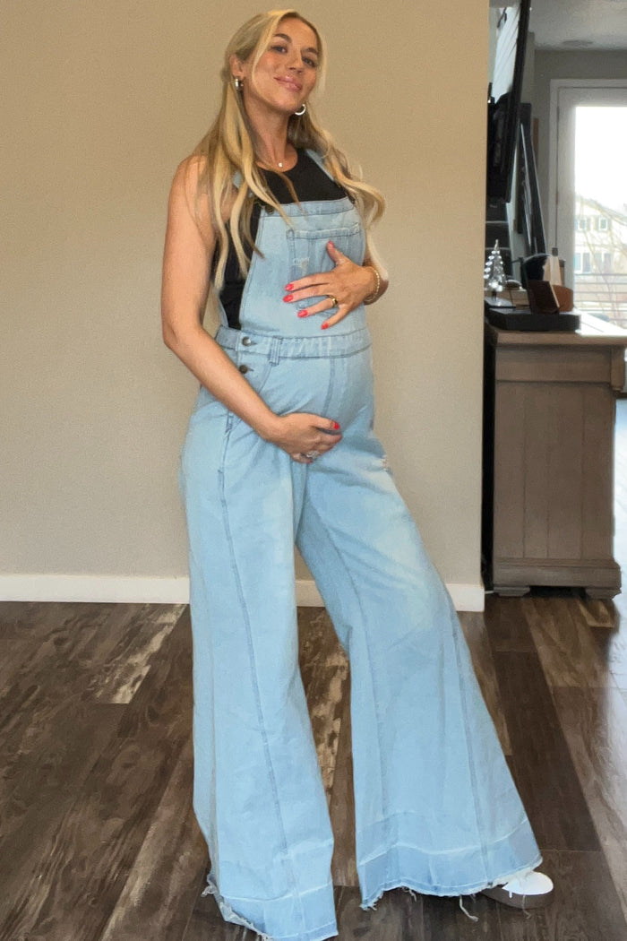 Blue Light Wash Denim Distressed Wide Leg Maternity Overalls
