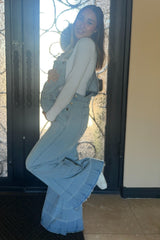 Blue Light Wash Denim Distressed Wide Leg Maternity Overalls