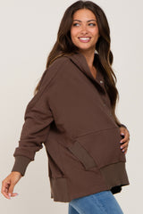 Brown Button Front Ribbed Trim Hooded Maternity Sweatshirt