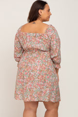 woman wearing a floral print short dress with three-quarter puff sleeves and a square neckline, viewed from the back