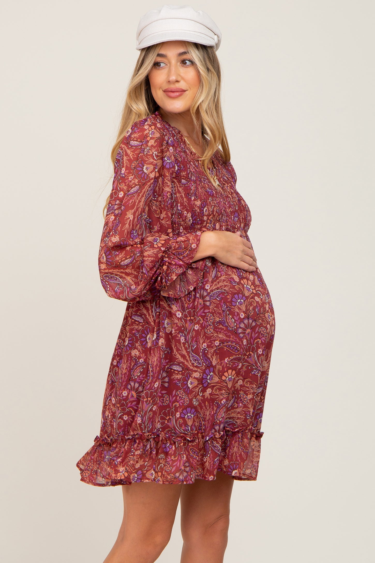 Burgundy Paisley Print Long Sleeve Maternity Dress