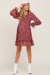 Burgundy Paisley Print Long Sleeve Maternity Dress