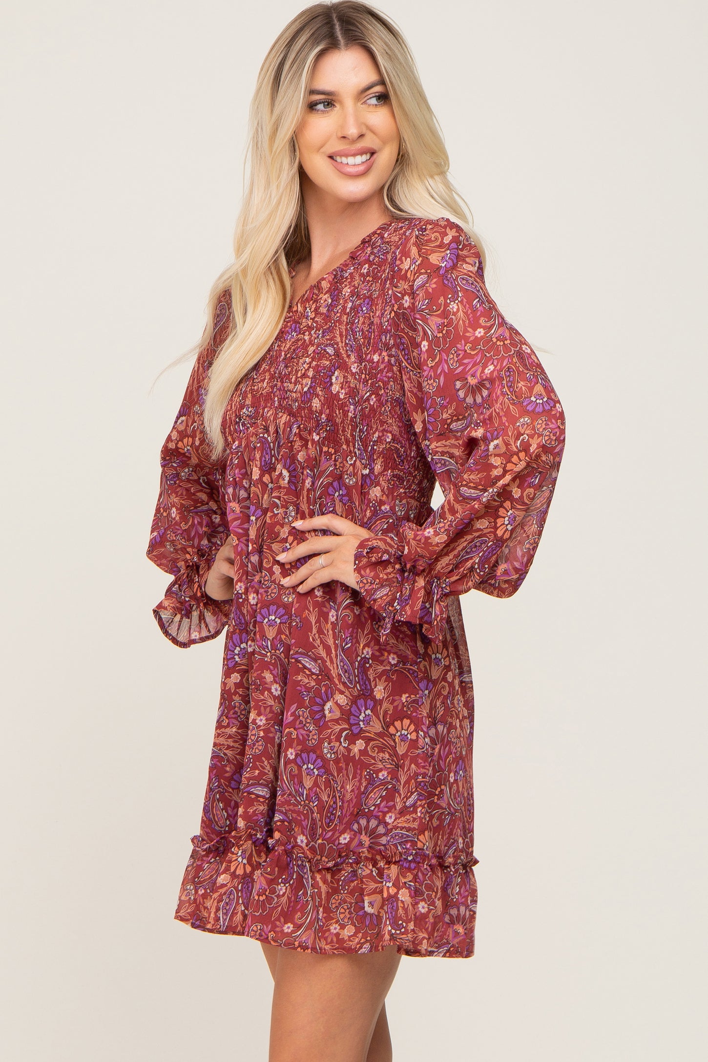 Burgundy Paisley Print Long Sleeve Dress