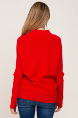 woman wearing a red maternity sweater with a relaxed fit and long sleeves, shown from the back