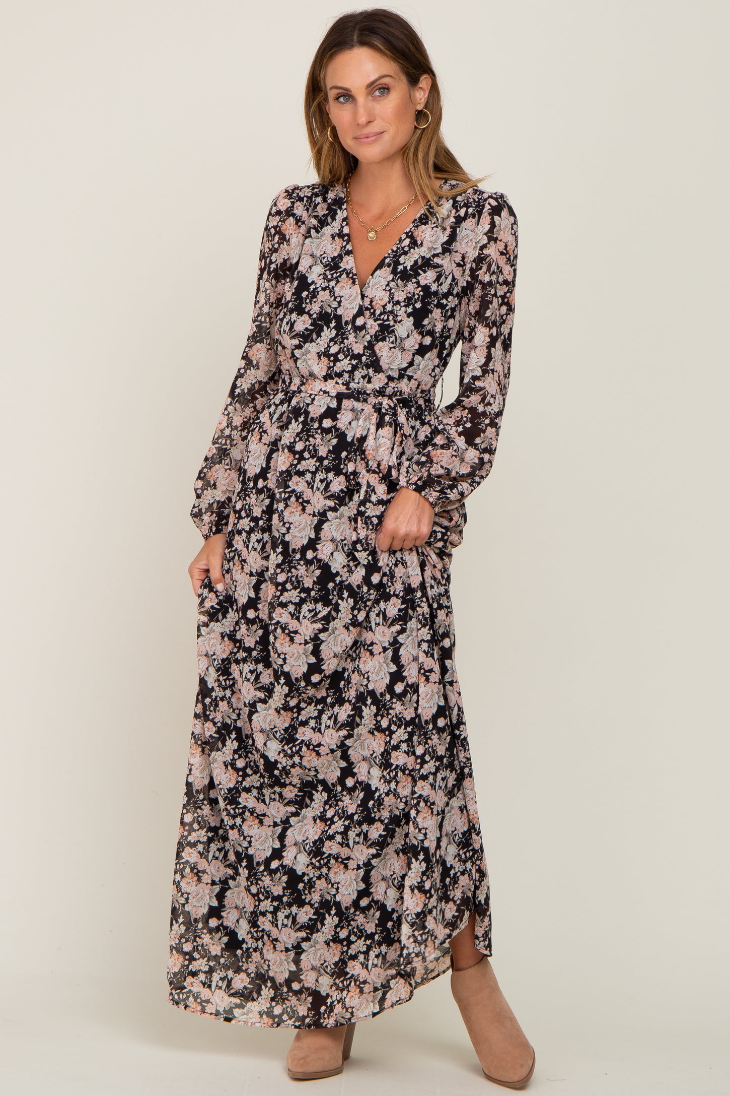 Black Floral Chiffon Maternity Maxi Dress