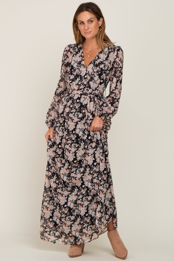 Black Floral Chiffon Maternity Maxi Dress