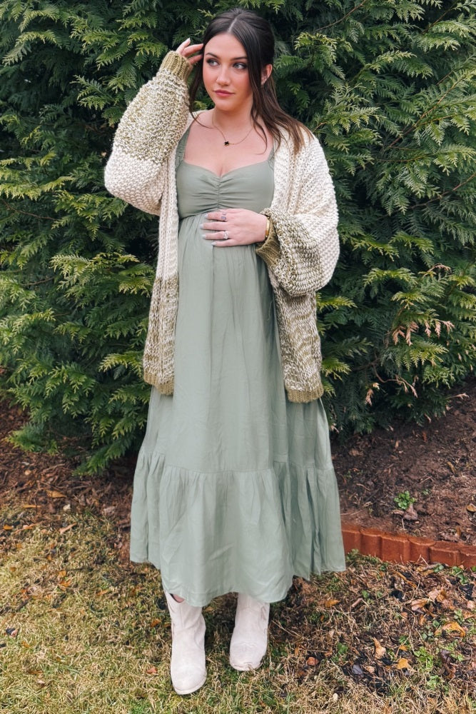 Olive Open Knit Color Block Maternity Cardigan