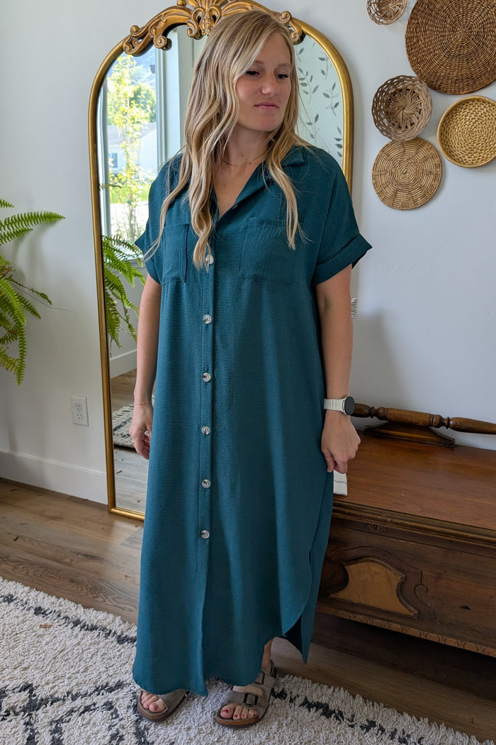 Forest Green Button Down Hi Low Maxi Dress