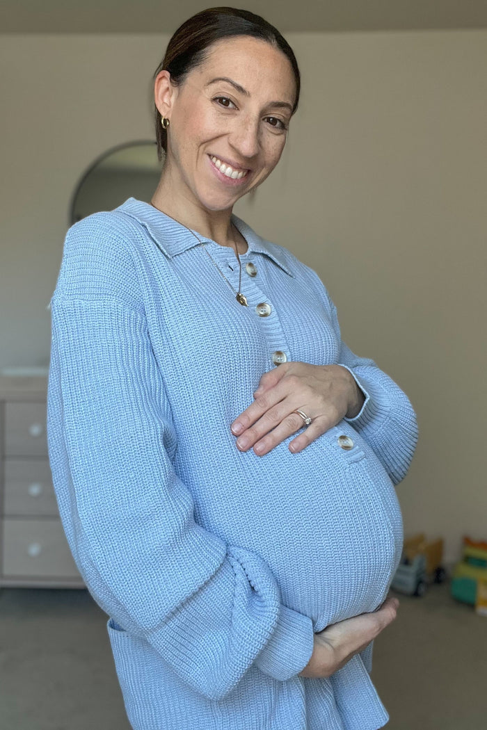 Light Blue Button Down Maternity Sweater Romper