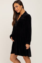 Black Velvet Long Sleeve Tiered Collared Maternity Dress