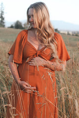 Rust Front Tie Ruffle Sleeve Maternity Midi Dress