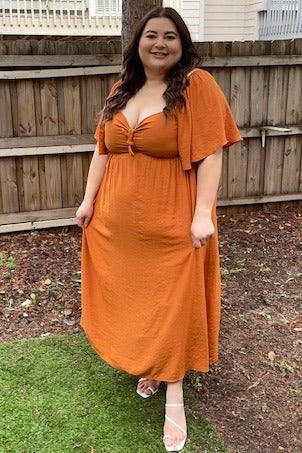 Rust Front Tie Ruffle Sleeve Midi Dress