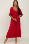 Burgundy Textured Dot Front Tie Ruffle SleeveMidi Dress