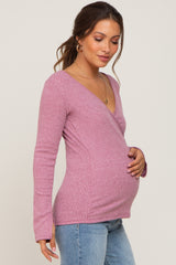 Mauve Ribbed Long Sleeve Wrap Maternity Nursing Top