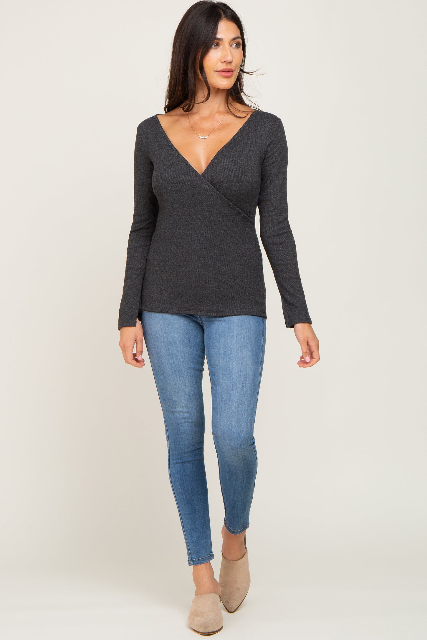 Charcoal Ribbed Long Sleeve Wrap Maternity Nursing Top