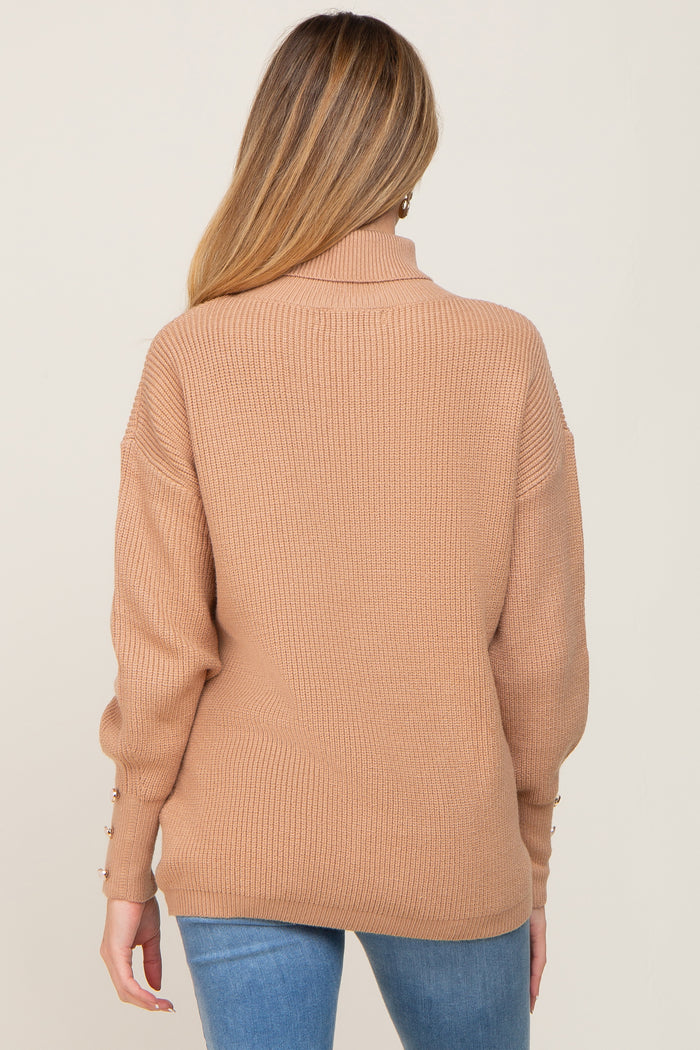 Camel Button Accent Turtleneck Maternity Sweater