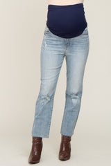 Light Blue Distressed Knee Straight Maternity Jeans