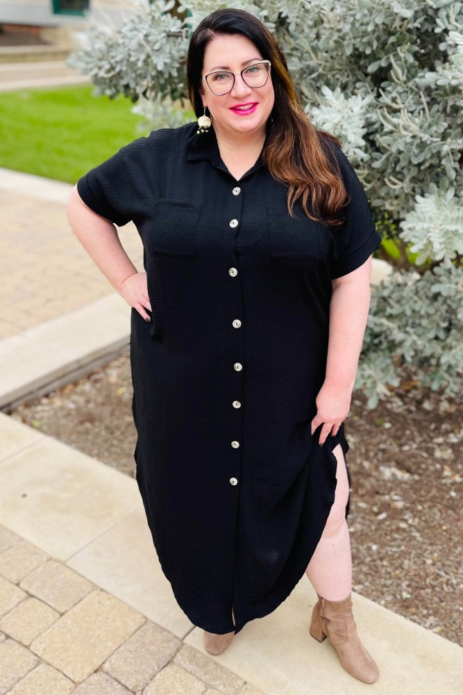 Black Button Down Hi Low Maternity Plus Maxi Dress