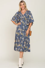 Blue Floral Smocked Flowy Half Sleeve Midi Dress