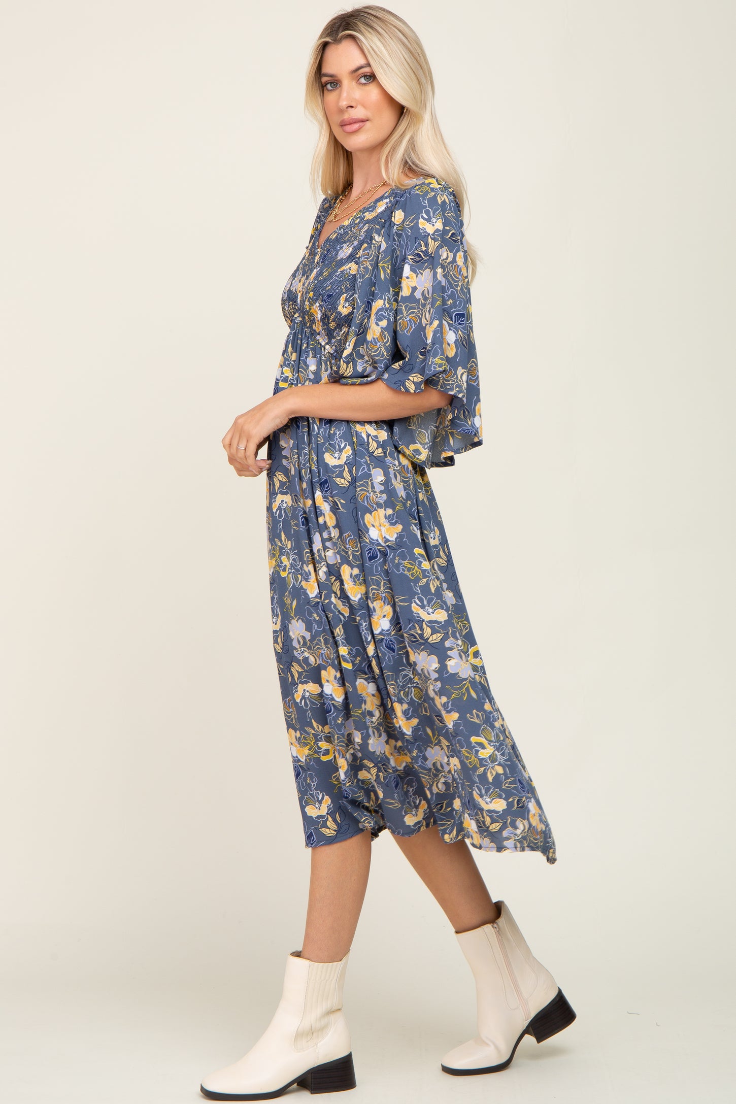 Blue Floral Smocked Flowy Half Sleeve Midi Dress