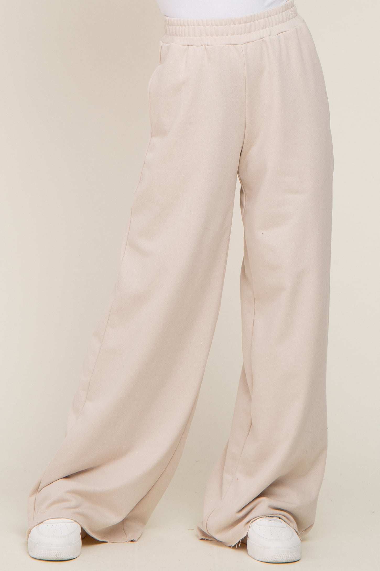 Beige Wide Leg Fray Hem Sweatpants