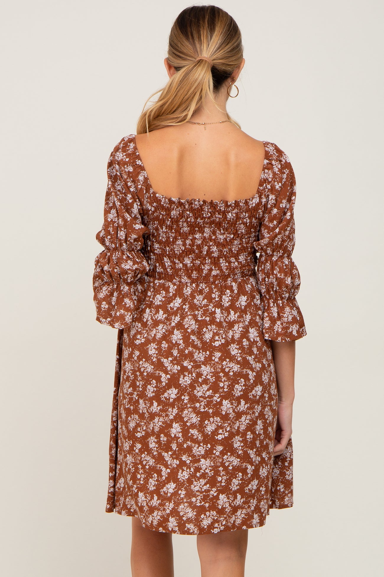 Brown Floral Ruffle Sleeve Smocked Maternity Dress