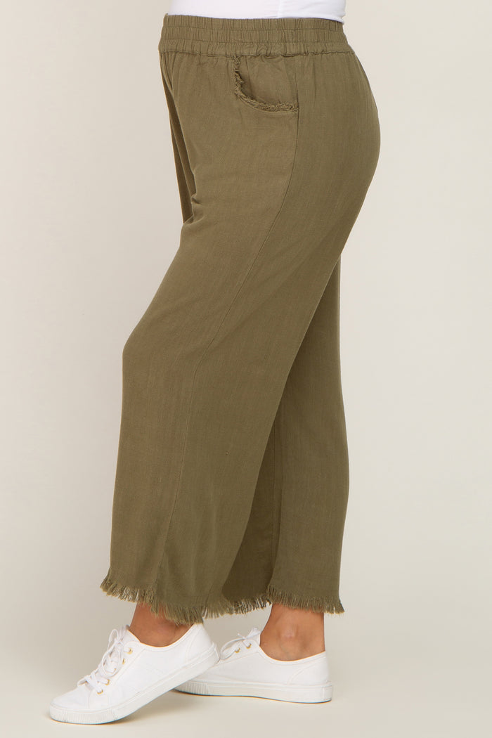 maternity wear in olive green wide-leg pants with frayed hem and elastic waistband