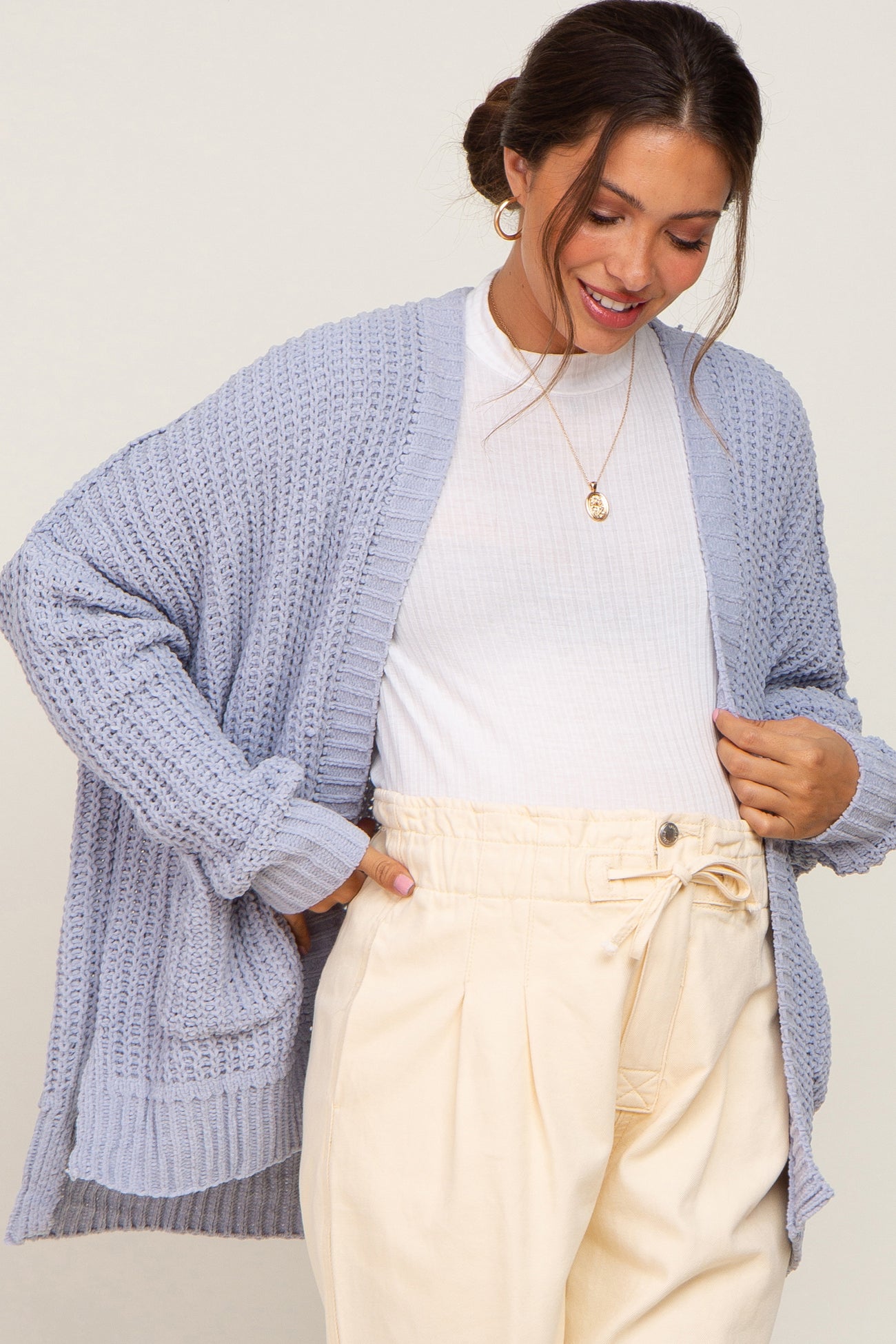 Light Blue Chunky Knit Oversized Maternity Cardigan