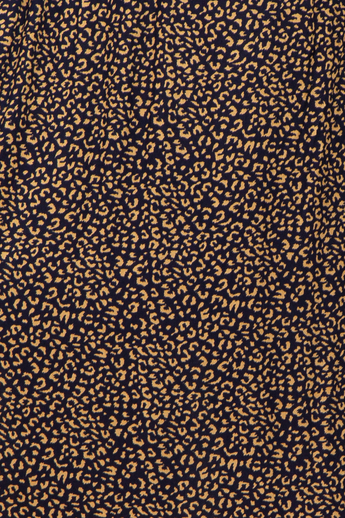 maternity wear in navy blue with a leopard print pattern featuring shades of brown and gold