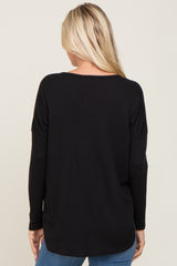 Black Waffle Knit Curved Hem Long Sleeve Top