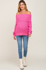 Fuchsia Foldover Off Shoulder Maternity Sweater